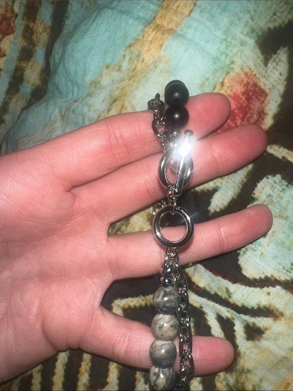 NWOT Matte Black Gray Tiger Eye Beaded Chain Bracelet